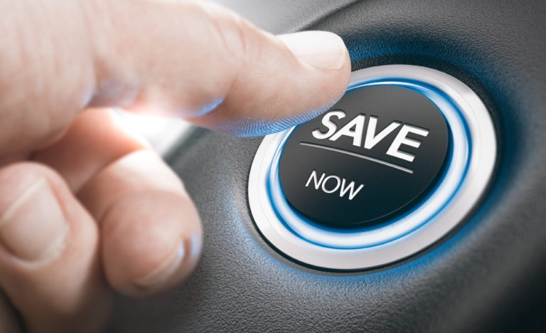 Man pushing a start button with the text save now. Concept of car offers or discount. Composite image between a finger photography and a 3D background.