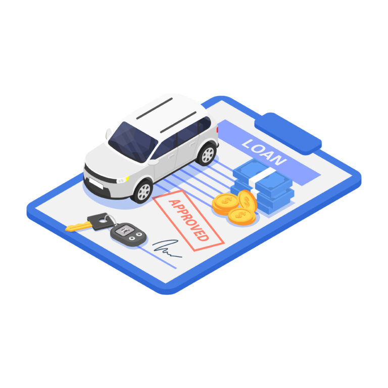 Car loan or vehicle rental concept. Vector isometric isolated illustration on a white background.